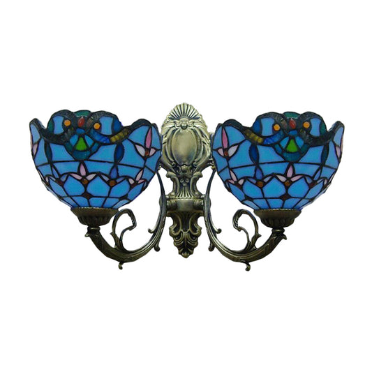 Stained Glass Bowl Wall Lighting Victorian Style 2 Heads Indoor Wall Mount Light in Antique Bronze Clearhalo 'Industrial' 'Middle century wall lights' 'Tiffany wall lights' 'Tiffany' 'Wall Lamps & Sconces' 'Wall Lights' Lighting' 179324