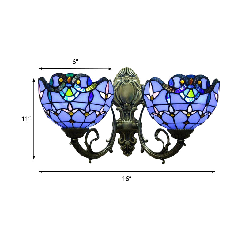 Stained Glass Bowl Wall Lighting Victorian Style 2 Heads Indoor Wall Mount Light in Antique Bronze Clearhalo 'Industrial' 'Middle century wall lights' 'Tiffany wall lights' 'Tiffany' 'Wall Lamps & Sconces' 'Wall Lights' Lighting' 179325