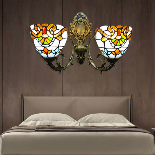 Stained Glass Bowl Wall Lamp with Curved Arm Baroque 2 Heads Wall Sconce Lighting in Aged Brass Yellow Clearhalo 'Industrial' 'Middle century wall lights' 'Tiffany wall lights' 'Tiffany' 'Wall Lamps & Sconces' 'Wall Lights' Lighting' 179326
