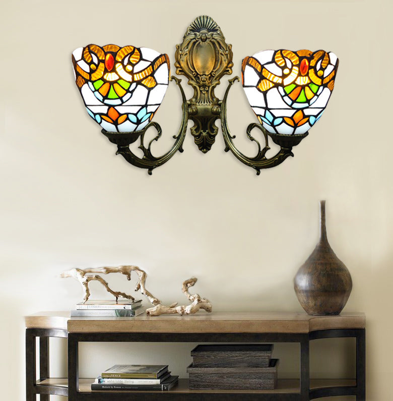Stained Glass Bowl Wall Lamp with Curved Arm Baroque 2 Heads Wall Sconce Lighting in Aged Brass Clearhalo 'Industrial' 'Middle century wall lights' 'Tiffany wall lights' 'Tiffany' 'Wall Lamps & Sconces' 'Wall Lights' Lighting' 179327