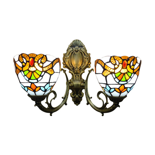 Stained Glass Bowl Wall Lamp with Curved Arm Baroque 2 Heads Wall Sconce Lighting in Aged Brass Clearhalo 'Industrial' 'Middle century wall lights' 'Tiffany wall lights' 'Tiffany' 'Wall Lamps & Sconces' 'Wall Lights' Lighting' 179328