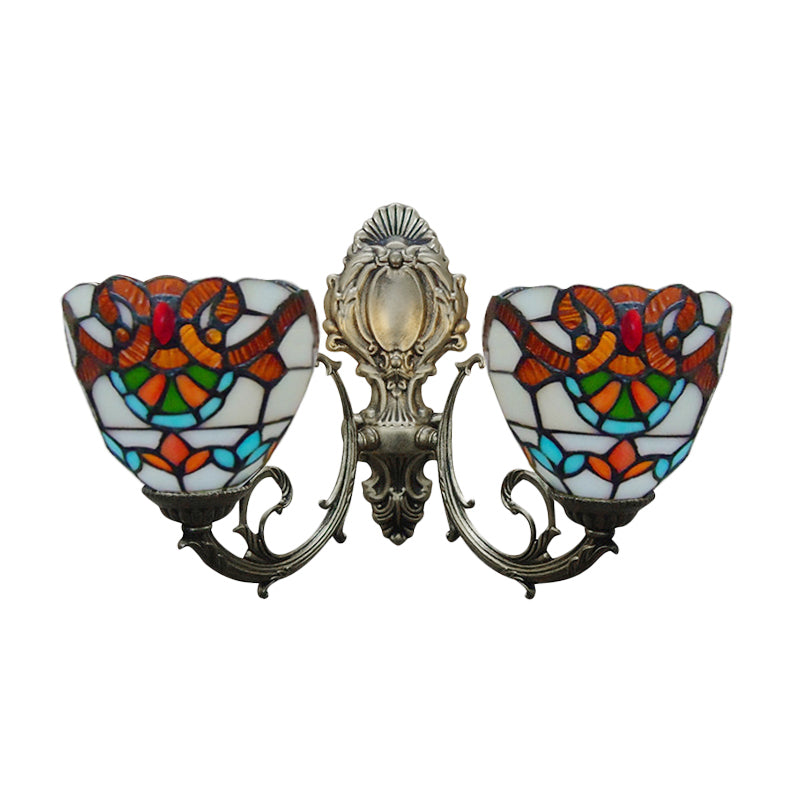 Stained Glass Bowl Wall Lamp with Curved Arm Baroque 2 Heads Wall Sconce Lighting in Aged Brass Clearhalo 'Industrial' 'Middle century wall lights' 'Tiffany wall lights' 'Tiffany' 'Wall Lamps & Sconces' 'Wall Lights' Lighting' 179329