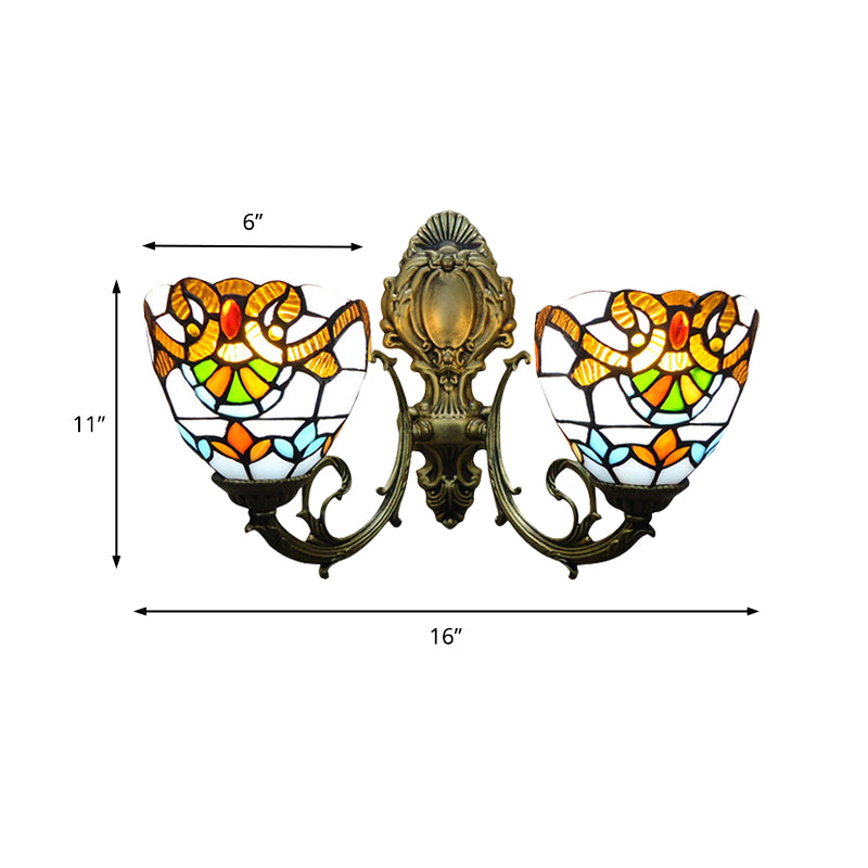 Stained Glass Bowl Wall Lamp with Curved Arm Baroque 2 Heads Wall Sconce Lighting in Aged Brass Clearhalo 'Industrial' 'Middle century wall lights' 'Tiffany wall lights' 'Tiffany' 'Wall Lamps & Sconces' 'Wall Lights' Lighting' 179330