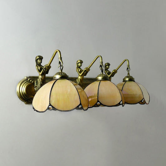 Petal Wall Mount Lighting Tiffany Blue/Light Yellow Glass 3 Heads Antique Bronze Sconce Light Light Yellow Clearhalo 'Industrial' 'Middle century wall lights' 'Tiffany wall lights' 'Tiffany' 'Wall Lamps & Sconces' 'Wall Lights' Lighting' 179331
