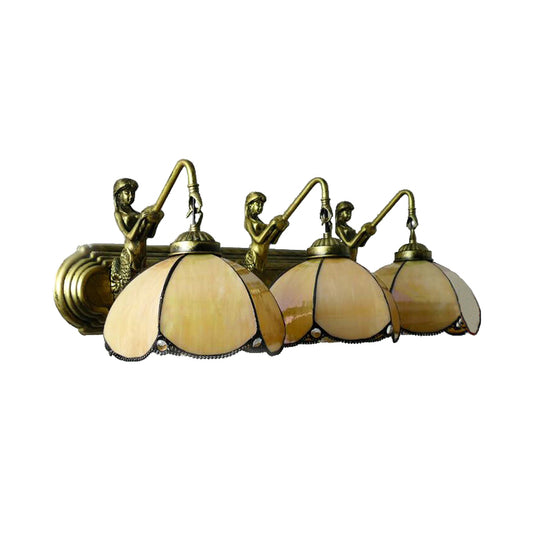 Petal Wall Mount Lighting Tiffany Blue/Light Yellow Glass 3 Heads Antique Bronze Sconce Light Clearhalo 'Industrial' 'Middle century wall lights' 'Tiffany wall lights' 'Tiffany' 'Wall Lamps & Sconces' 'Wall Lights' Lighting' 179333