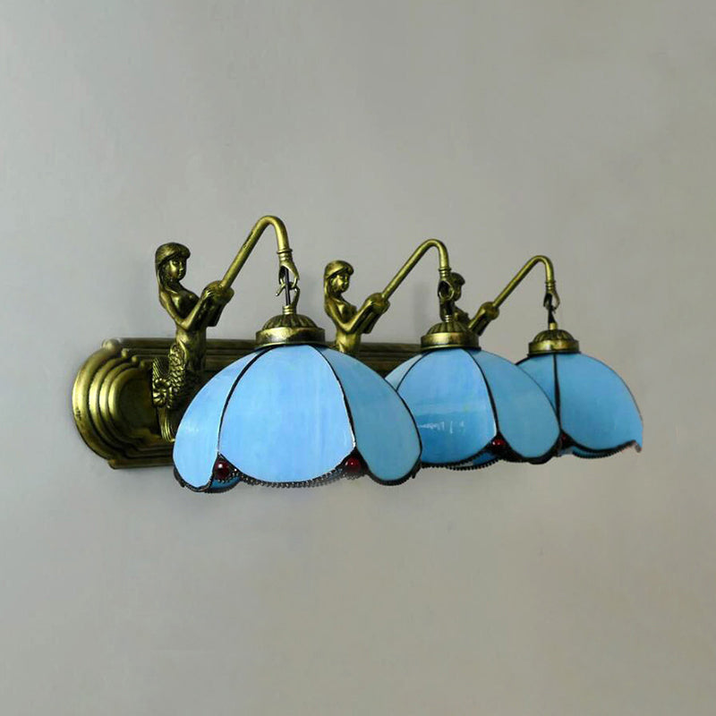 Petal Wall Mount Lighting Tiffany Blue/Light Yellow Glass 3 Heads Antique Bronze Sconce Light Blue Clearhalo 'Industrial' 'Middle century wall lights' 'Tiffany wall lights' 'Tiffany' 'Wall Lamps & Sconces' 'Wall Lights' Lighting' 179335