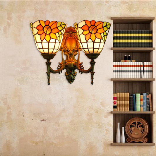 Sunflower Wall Mount Light Lodge Style Stained Glass 2 Heads Wall Lighting for Bedroom Orange Clearhalo 'Industrial' 'Middle century wall lights' 'Tiffany wall lights' 'Tiffany' 'Wall Lamps & Sconces' 'Wall Lights' Lighting' 179338