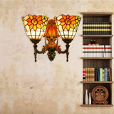Sunflower Wall Mount Light Lodge Style Stained Glass 2 Heads Wall Lighting for Bedroom Orange Clearhalo 'Industrial' 'Middle century wall lights' 'Tiffany wall lights' 'Tiffany' 'Wall Lamps & Sconces' 'Wall Lights' Lighting' 179338