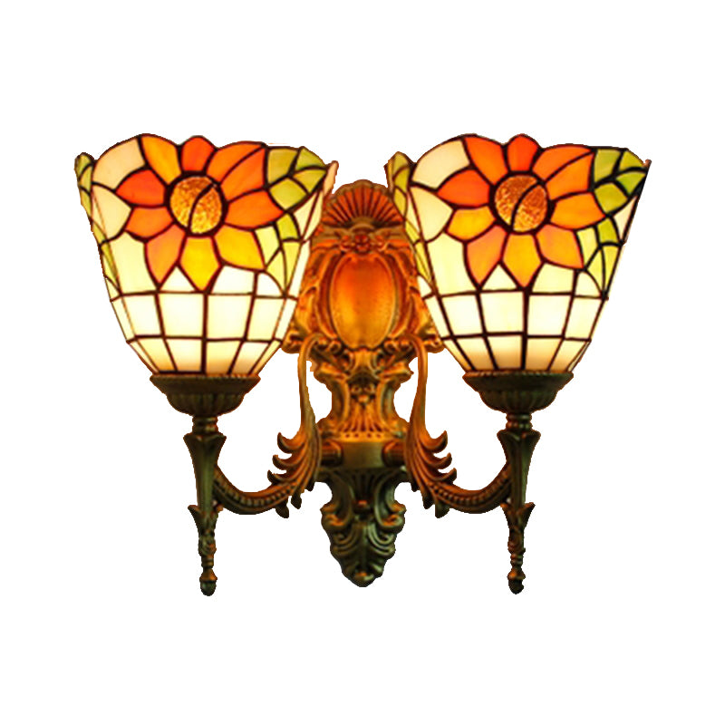 Sunflower Wall Mount Light Lodge Style Stained Glass 2 Heads Wall Lighting for Bedroom Clearhalo 'Industrial' 'Middle century wall lights' 'Tiffany wall lights' 'Tiffany' 'Wall Lamps & Sconces' 'Wall Lights' Lighting' 179340