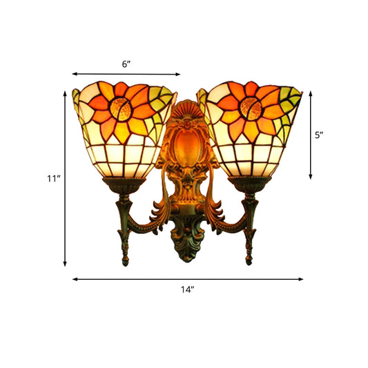 Sunflower Wall Mount Light Lodge Style Stained Glass 2 Heads Wall Lighting for Bedroom Clearhalo 'Industrial' 'Middle century wall lights' 'Tiffany wall lights' 'Tiffany' 'Wall Lamps & Sconces' 'Wall Lights' Lighting' 179341