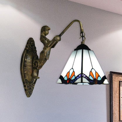 Pyramid White Glass Wall Light Fixture Tiffany 1 Head Antique Bronze Sconce Lighting White Clearhalo 'Industrial' 'Middle century wall lights' 'Tiffany wall lights' 'Tiffany' 'Wall Lamps & Sconces' 'Wall Lights' Lighting' 179342