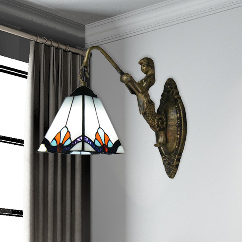 Pyramid White Glass Wall Light Fixture Tiffany 1 Head Antique Bronze Sconce Lighting Clearhalo 'Industrial' 'Middle century wall lights' 'Tiffany wall lights' 'Tiffany' 'Wall Lamps & Sconces' 'Wall Lights' Lighting' 179343