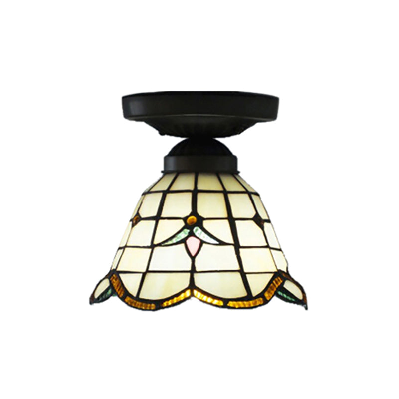 Corridor Craftsman LED Ceiling Mount Light Stained Glass 1 Bulb Ceiling Lamp in White/Beige/Orange/Blue/Blue-Pink/Blue-White for Foyer Clearhalo 'Ceiling Lights' 'Close To Ceiling Lights' 'Close to ceiling' 'Glass shade' 'Glass' 'Semi-flushmount' 'Tiffany close to ceiling' 'Tiffany' Lighting' 179348