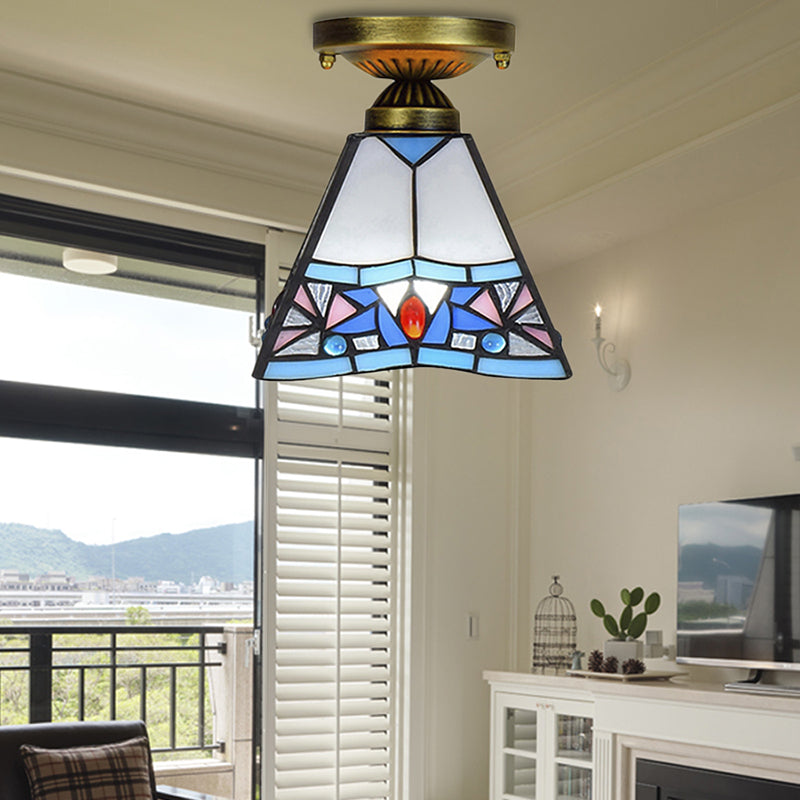 Corridor Craftsman LED Ceiling Mount Light Stained Glass 1 Bulb Ceiling Lamp in White/Beige/Orange/Blue/Blue-Pink/Blue-White for Foyer Clearhalo 'Ceiling Lights' 'Close To Ceiling Lights' 'Close to ceiling' 'Glass shade' 'Glass' 'Semi-flushmount' 'Tiffany close to ceiling' 'Tiffany' Lighting' 179356