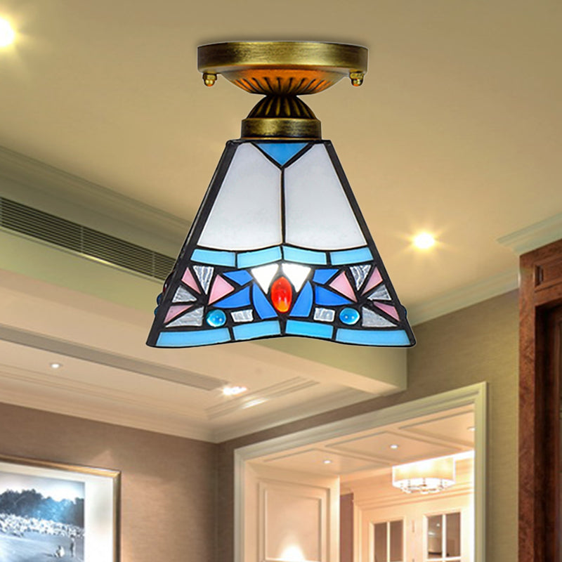 Corridor Craftsman LED Ceiling Mount Light Stained Glass 1 Bulb Ceiling Lamp in White/Beige/Orange/Blue/Blue-Pink/Blue-White for Foyer Blue Clearhalo 'Ceiling Lights' 'Close To Ceiling Lights' 'Close to ceiling' 'Glass shade' 'Glass' 'Semi-flushmount' 'Tiffany close to ceiling' 'Tiffany' Lighting' 179357
