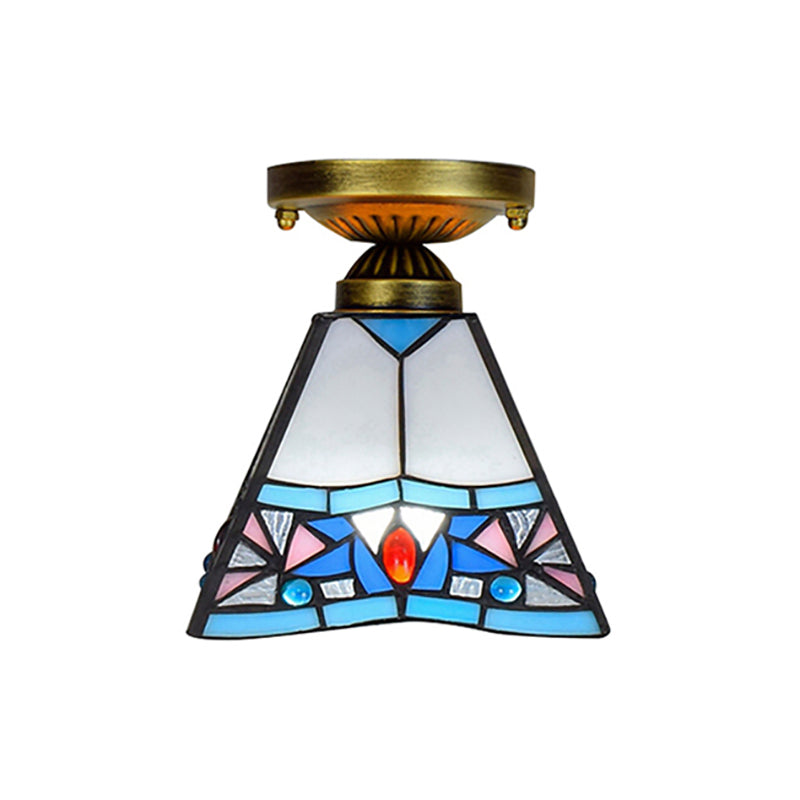 Corridor Craftsman LED Ceiling Mount Light Stained Glass 1 Bulb Ceiling Lamp in White/Beige/Orange/Blue/Blue-Pink/Blue-White for Foyer Clearhalo 'Ceiling Lights' 'Close To Ceiling Lights' 'Close to ceiling' 'Glass shade' 'Glass' 'Semi-flushmount' 'Tiffany close to ceiling' 'Tiffany' Lighting' 179358