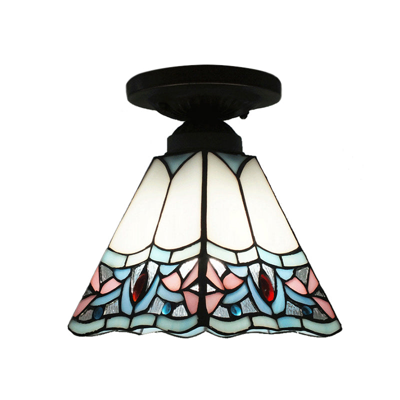 Corridor Craftsman LED Ceiling Mount Light Stained Glass 1 Bulb Ceiling Lamp in White/Beige/Orange/Blue/Blue-Pink/Blue-White for Foyer Clearhalo 'Ceiling Lights' 'Close To Ceiling Lights' 'Close to ceiling' 'Glass shade' 'Glass' 'Semi-flushmount' 'Tiffany close to ceiling' 'Tiffany' Lighting' 179361