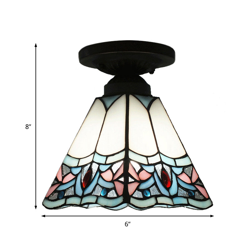 Corridor Craftsman LED Ceiling Mount Light Stained Glass 1 Bulb Ceiling Lamp in White/Beige/Orange/Blue/Blue-Pink/Blue-White for Foyer Clearhalo 'Ceiling Lights' 'Close To Ceiling Lights' 'Close to ceiling' 'Glass shade' 'Glass' 'Semi-flushmount' 'Tiffany close to ceiling' 'Tiffany' Lighting' 179362