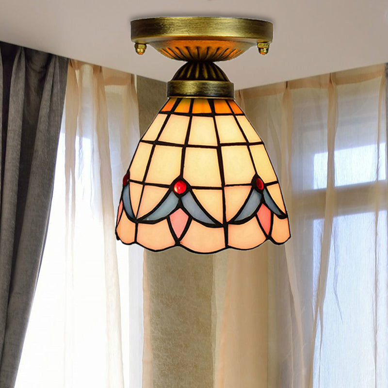 Corridor Craftsman LED Ceiling Mount Light Stained Glass 1 Bulb Ceiling Lamp in White/Beige/Orange/Blue/Blue-Pink/Blue-White for Foyer Blue-White Clearhalo 'Ceiling Lights' 'Close To Ceiling Lights' 'Close to ceiling' 'Glass shade' 'Glass' 'Semi-flushmount' 'Tiffany close to ceiling' 'Tiffany' Lighting' 179363