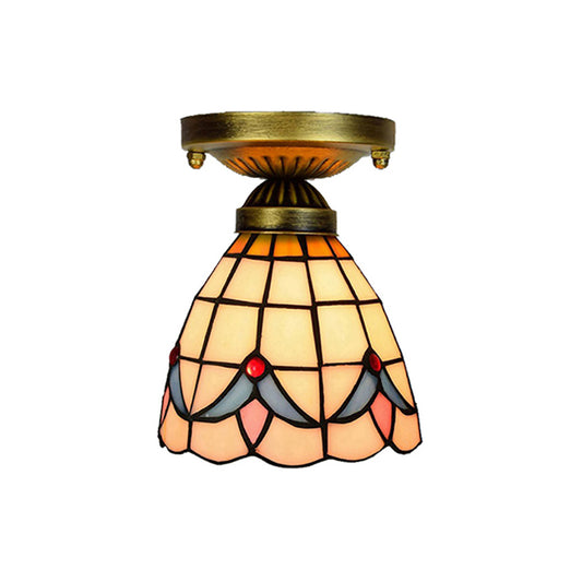 Corridor Craftsman LED Ceiling Mount Light Stained Glass 1 Bulb Ceiling Lamp in White/Beige/Orange/Blue/Blue-Pink/Blue-White for Foyer Clearhalo 'Ceiling Lights' 'Close To Ceiling Lights' 'Close to ceiling' 'Glass shade' 'Glass' 'Semi-flushmount' 'Tiffany close to ceiling' 'Tiffany' Lighting' 179364