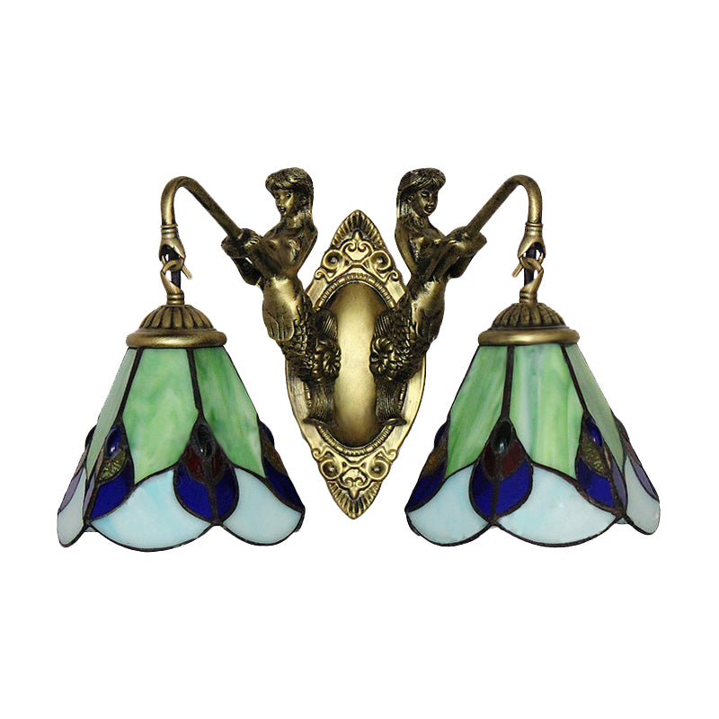 Green Glass Flower Wall Mounted Light Tiffany 2 Heads Antique Brass Sconce Lighting Clearhalo 'Cast Iron' 'Glass' 'Industrial' 'Middle century wall lights' 'Modern' 'Tiffany wall lights' 'Tiffany' 'Traditional wall lights' 'Wall Lamps & Sconces' 'Wall Lights' Lighting' 179368