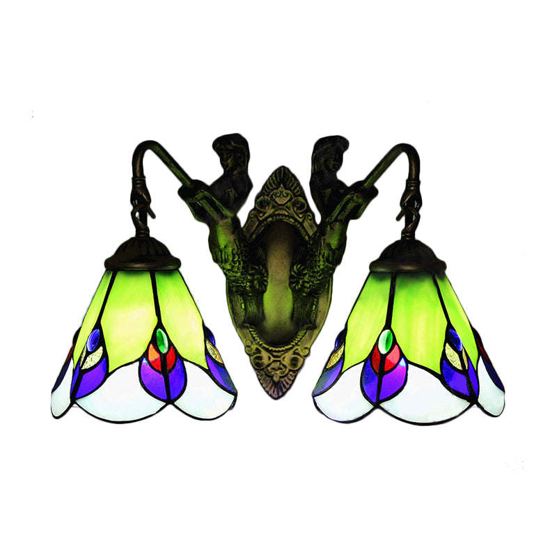 Green Glass Flower Wall Mounted Light Tiffany 2 Heads Antique Brass Sconce Lighting Clearhalo 'Cast Iron' 'Glass' 'Industrial' 'Middle century wall lights' 'Modern' 'Tiffany wall lights' 'Tiffany' 'Traditional wall lights' 'Wall Lamps & Sconces' 'Wall Lights' Lighting' 179369