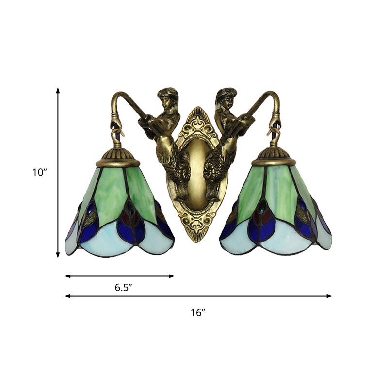 Green Glass Flower Wall Mounted Light Tiffany 2 Heads Antique Brass Sconce Lighting Clearhalo 'Cast Iron' 'Glass' 'Industrial' 'Middle century wall lights' 'Modern' 'Tiffany wall lights' 'Tiffany' 'Traditional wall lights' 'Wall Lamps & Sconces' 'Wall Lights' Lighting' 179370
