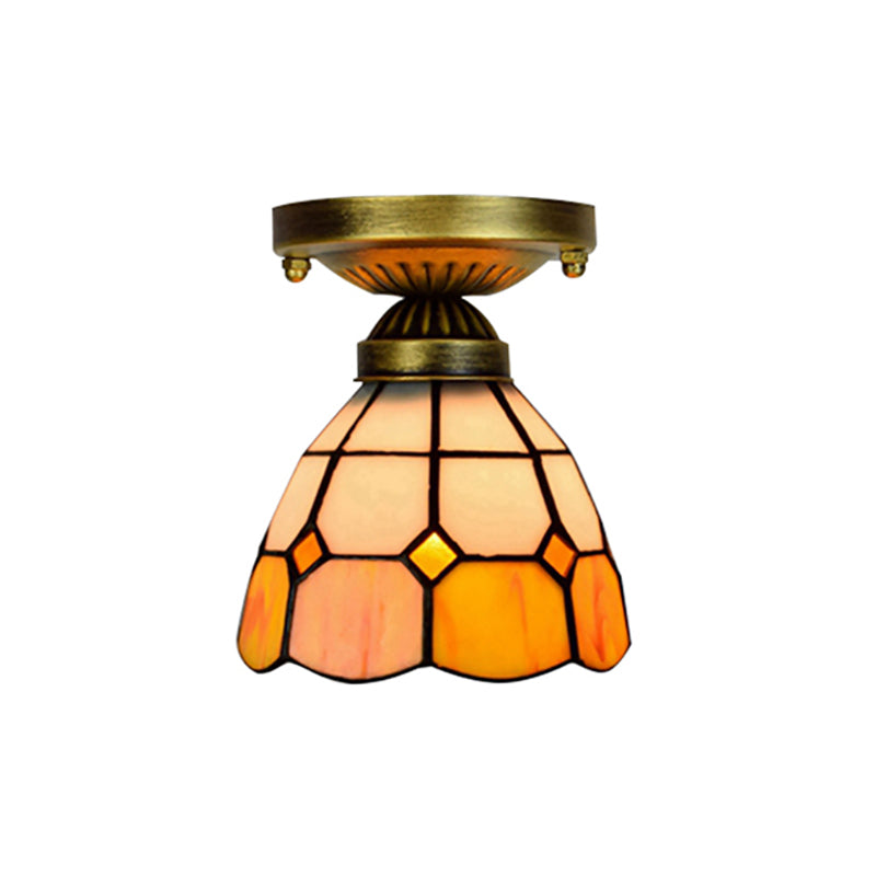 Tiffany Classic Grid Bowl Ceiling Mount Light 8"/6" Width Art Glass 1 Head Orange Ceiling Lamp for Bathroom Clearhalo 'Ceiling Lights' 'Close To Ceiling Lights' 'Close to ceiling' 'Glass shade' 'Glass' 'Semi-flushmount' 'Tiffany close to ceiling' 'Tiffany' Lighting' 179373