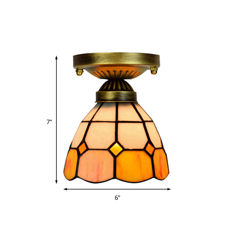 Tiffany Classic Grid Bowl Ceiling Mount Light 8"/6" Width Art Glass 1 Head Orange Ceiling Lamp for Bathroom Clearhalo 'Ceiling Lights' 'Close To Ceiling Lights' 'Close to ceiling' 'Glass shade' 'Glass' 'Semi-flushmount' 'Tiffany close to ceiling' 'Tiffany' Lighting' 179374