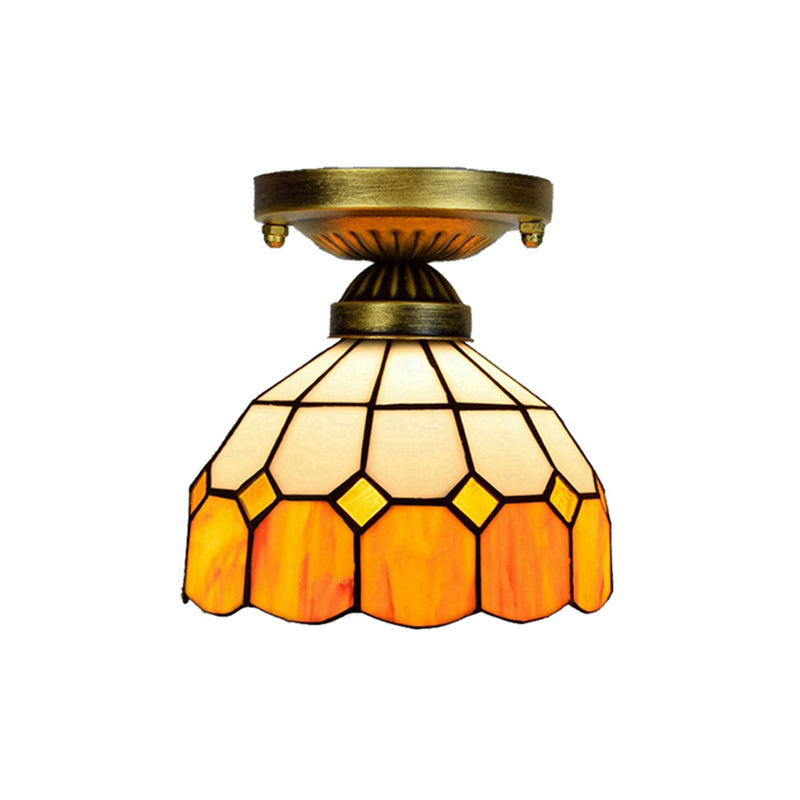 Tiffany Classic Grid Bowl Ceiling Mount Light 8"/6" Width Art Glass 1 Head Orange Ceiling Lamp for Bathroom Clearhalo 'Ceiling Lights' 'Close To Ceiling Lights' 'Close to ceiling' 'Glass shade' 'Glass' 'Semi-flushmount' 'Tiffany close to ceiling' 'Tiffany' Lighting' 179376