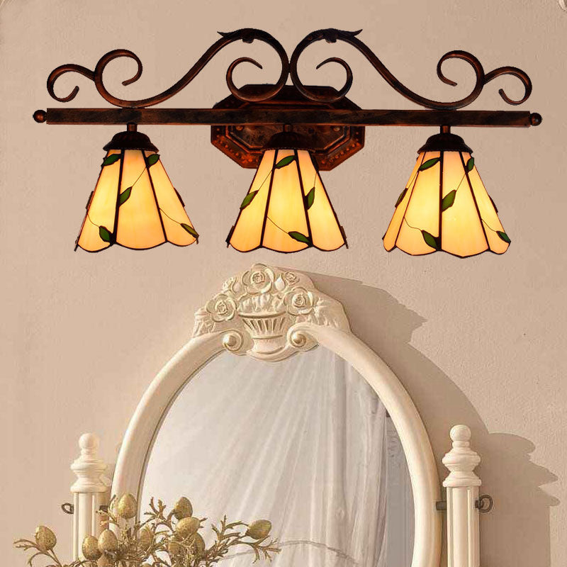 3 Lights Leaf Wall Sconce Lighting Stained Glass Rustic Wall Mount Light in Copper Finish for Bedroom Light Yellow Clearhalo 'Industrial' 'Middle century wall lights' 'Tiffany wall lights' 'Tiffany' 'Wall Lamps & Sconces' 'Wall Lights' Lighting' 179378