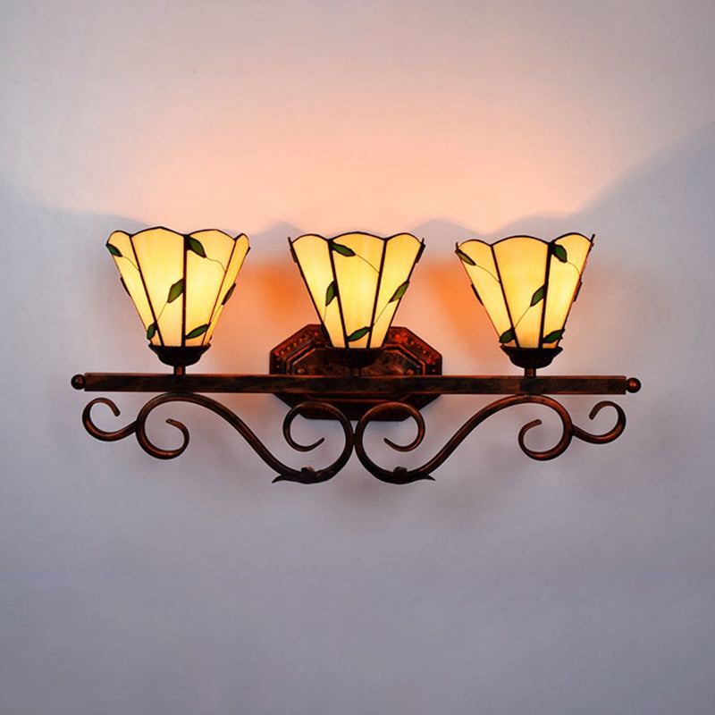 3 Lights Leaf Wall Sconce Lighting Stained Glass Rustic Wall Mount Light in Copper Finish for Bedroom Clearhalo 'Industrial' 'Middle century wall lights' 'Tiffany wall lights' 'Tiffany' 'Wall Lamps & Sconces' 'Wall Lights' Lighting' 179379