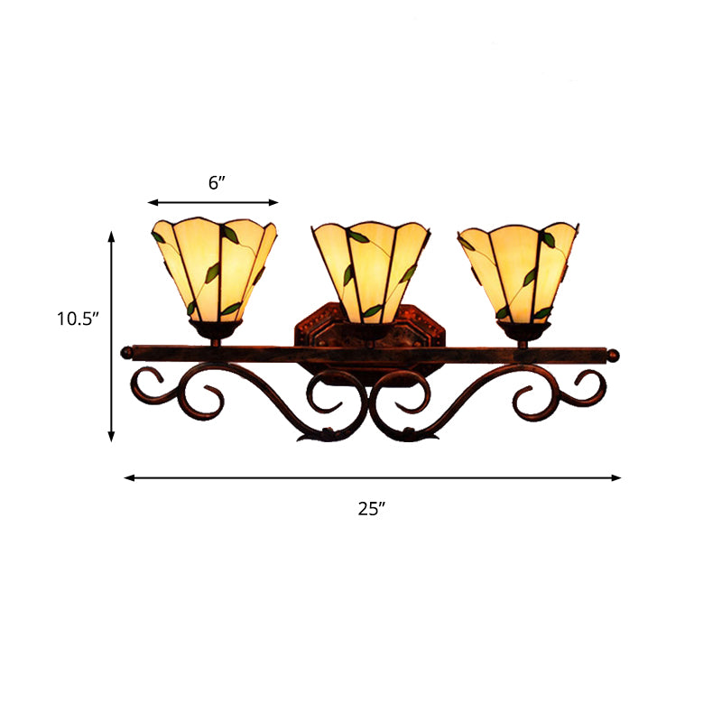 3 Lights Leaf Wall Sconce Lighting Stained Glass Rustic Wall Mount Light in Copper Finish for Bedroom Clearhalo 'Industrial' 'Middle century wall lights' 'Tiffany wall lights' 'Tiffany' 'Wall Lamps & Sconces' 'Wall Lights' Lighting' 179382