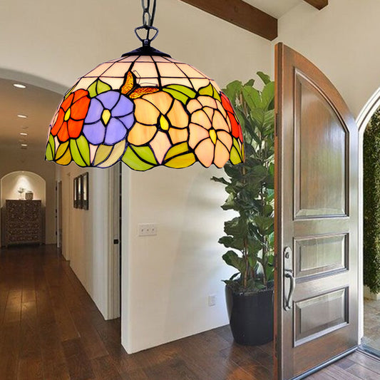 Hemisphere Down Lighting Tiffany-Style 1 Head Black Stained Art Glass Ceiling Hanging Light, 12"/16" Wide Black 12" Clearhalo 'Ceiling Lights' 'Industrial' 'Middle Century Pendants' 'Pendant Lights' 'Pendants' 'Tiffany close to ceiling' 'Tiffany Pendants' 'Tiffany' Lighting' 179383