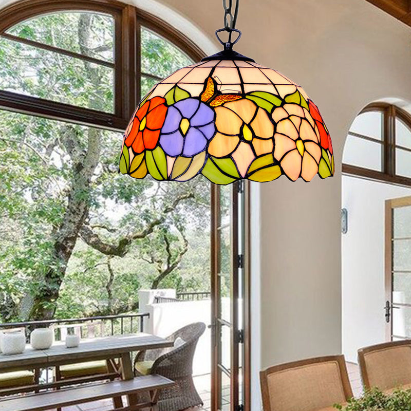 Hemisphere Down Lighting Tiffany-Style 1 Head Black Stained Art Glass Ceiling Hanging Light, 12"/16" Wide Black 16" Clearhalo 'Ceiling Lights' 'Industrial' 'Middle Century Pendants' 'Pendant Lights' 'Pendants' 'Tiffany close to ceiling' 'Tiffany Pendants' 'Tiffany' Lighting' 179384