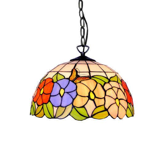 Hemisphere Down Lighting Tiffany-Style 1 Head Black Stained Art Glass Ceiling Hanging Light, 12"/16" Wide Clearhalo 'Ceiling Lights' 'Industrial' 'Middle Century Pendants' 'Pendant Lights' 'Pendants' 'Tiffany close to ceiling' 'Tiffany Pendants' 'Tiffany' Lighting' 179385