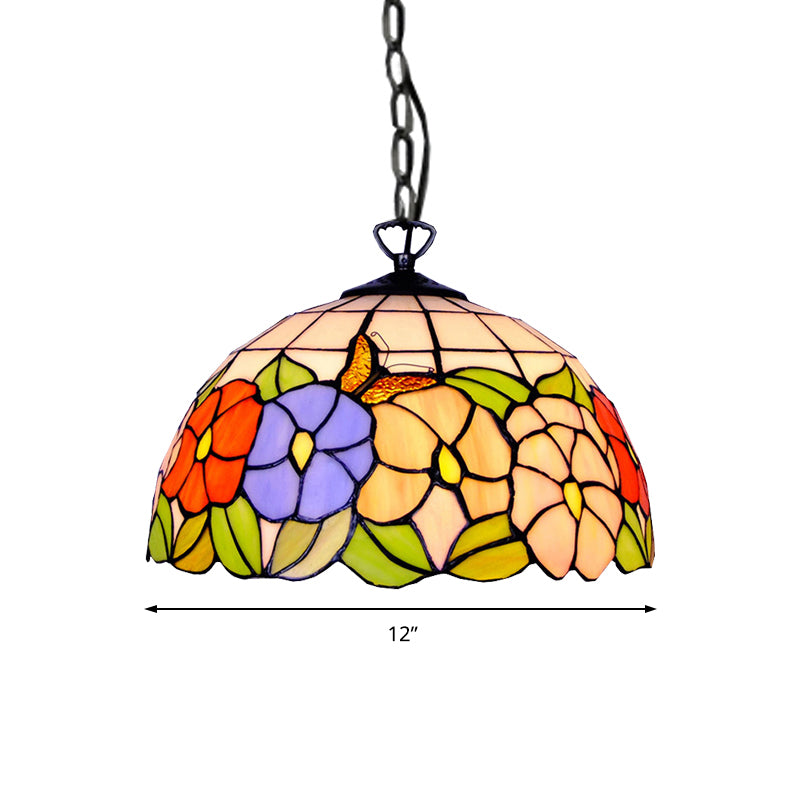 Hemisphere Down Lighting Tiffany-Style 1 Head Black Stained Art Glass Ceiling Hanging Light, 12"/16" Wide Clearhalo 'Ceiling Lights' 'Industrial' 'Middle Century Pendants' 'Pendant Lights' 'Pendants' 'Tiffany close to ceiling' 'Tiffany Pendants' 'Tiffany' Lighting' 179386