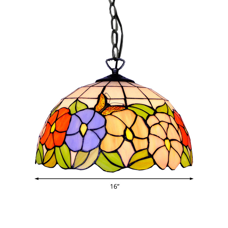 Hemisphere Down Lighting Tiffany-Style 1 Head Black Stained Art Glass Ceiling Hanging Light, 12"/16" Wide Clearhalo 'Ceiling Lights' 'Industrial' 'Middle Century Pendants' 'Pendant Lights' 'Pendants' 'Tiffany close to ceiling' 'Tiffany Pendants' 'Tiffany' Lighting' 179387