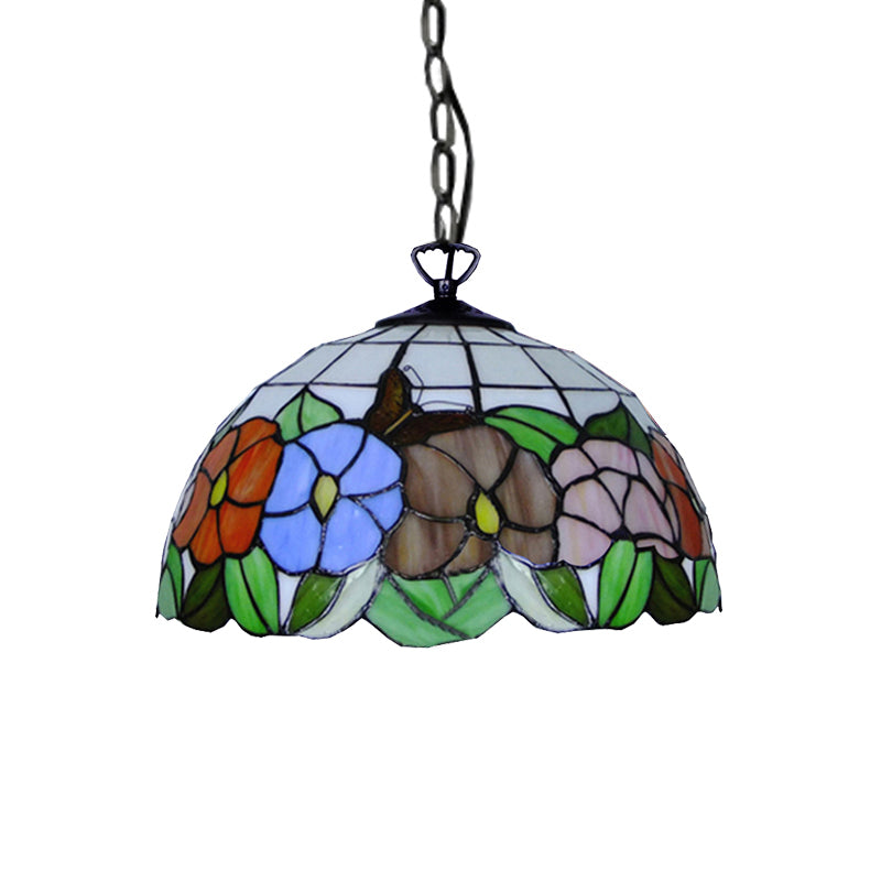 Hemisphere Down Lighting Tiffany-Style 1 Head Black Stained Art Glass Ceiling Hanging Light, 12"/16" Wide Clearhalo 'Ceiling Lights' 'Industrial' 'Middle Century Pendants' 'Pendant Lights' 'Pendants' 'Tiffany close to ceiling' 'Tiffany Pendants' 'Tiffany' Lighting' 179388