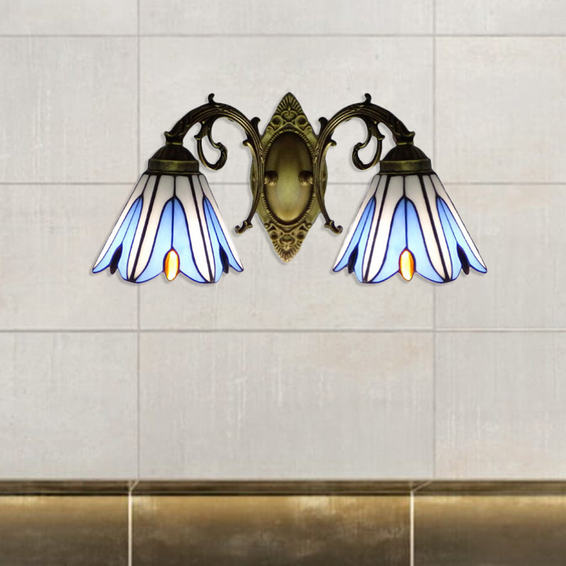 Magnolia Wall Mount Light Rustic Loft Stained Glass 2 Heads Wall Lighting for Living Room Blue Clearhalo 'Industrial' 'Middle century wall lights' 'Tiffany wall lights' 'Tiffany' 'Wall Lamps & Sconces' 'Wall Lights' Lighting' 179389