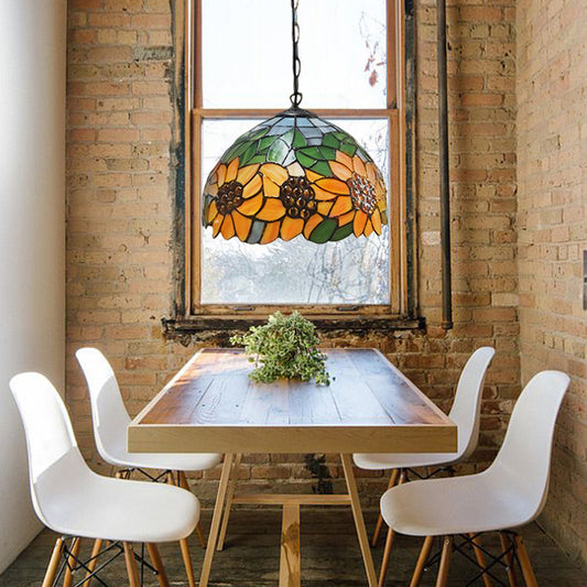 Sunflower Hanging Lamp 1 Head Orange Stained Glass Baroque Pendant Light Kit for Restaurant Clearhalo 'Ceiling Lights' 'Chandeliers' 'Industrial' 'Middle Century Pendants' 'Pendant Lights' 'Pendants' 'Tiffany close to ceiling' 'Tiffany Pendants' 'Tiffany' Lighting' 179395
