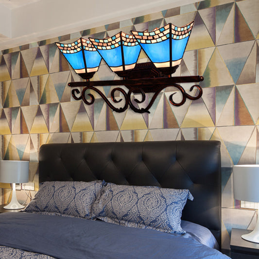 Nautical Vanity Light with Pyramid Shade Stained Glass 3 Heads Wall Sconce Lighting Blue Clearhalo 'Industrial' 'Middle century wall lights' 'Tiffany wall lights' 'Tiffany' 'Wall Lamps & Sconces' 'Wall Lights' Lighting' 179407