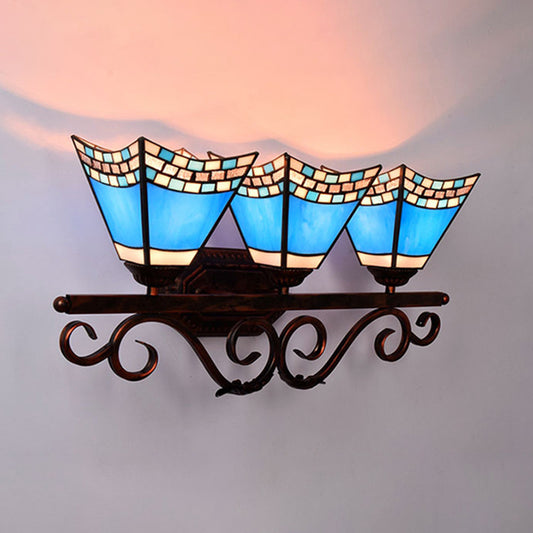 Nautical Vanity Light with Pyramid Shade Stained Glass 3 Heads Wall Sconce Lighting Clearhalo 'Industrial' 'Middle century wall lights' 'Tiffany wall lights' 'Tiffany' 'Wall Lamps & Sconces' 'Wall Lights' Lighting' 179408