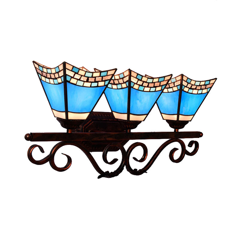 Nautical Vanity Light with Pyramid Shade Stained Glass 3 Heads Wall Sconce Lighting Clearhalo 'Industrial' 'Middle century wall lights' 'Tiffany wall lights' 'Tiffany' 'Wall Lamps & Sconces' 'Wall Lights' Lighting' 179410