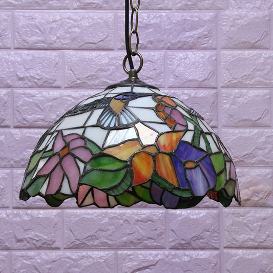 1 Bulb Hemisphere Down Lighting Tiffany-Style Black Stained Glass Pendant Ceiling Light with Floral Pattern Clearhalo 'Ceiling Lights' 'Industrial' 'Middle Century Pendants' 'Pendant Lights' 'Pendants' 'Tiffany close to ceiling' 'Tiffany Pendants' 'Tiffany' Lighting' 179413
