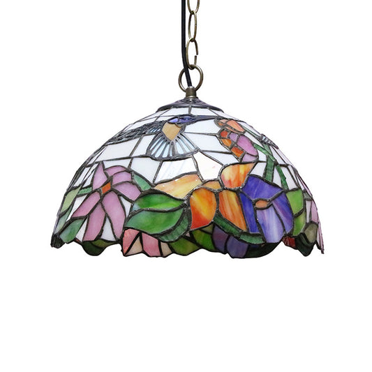 1 Bulb Hemisphere Down Lighting Tiffany-Style Black Stained Glass Pendant Ceiling Light with Floral Pattern Clearhalo 'Ceiling Lights' 'Industrial' 'Middle Century Pendants' 'Pendant Lights' 'Pendants' 'Tiffany close to ceiling' 'Tiffany Pendants' 'Tiffany' Lighting' 179414