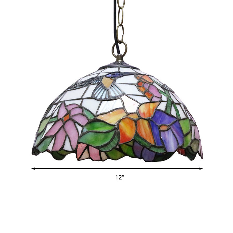 1 Bulb Hemisphere Down Lighting Tiffany-Style Black Stained Glass Pendant Ceiling Light with Floral Pattern Clearhalo 'Ceiling Lights' 'Industrial' 'Middle Century Pendants' 'Pendant Lights' 'Pendants' 'Tiffany close to ceiling' 'Tiffany Pendants' 'Tiffany' Lighting' 179415