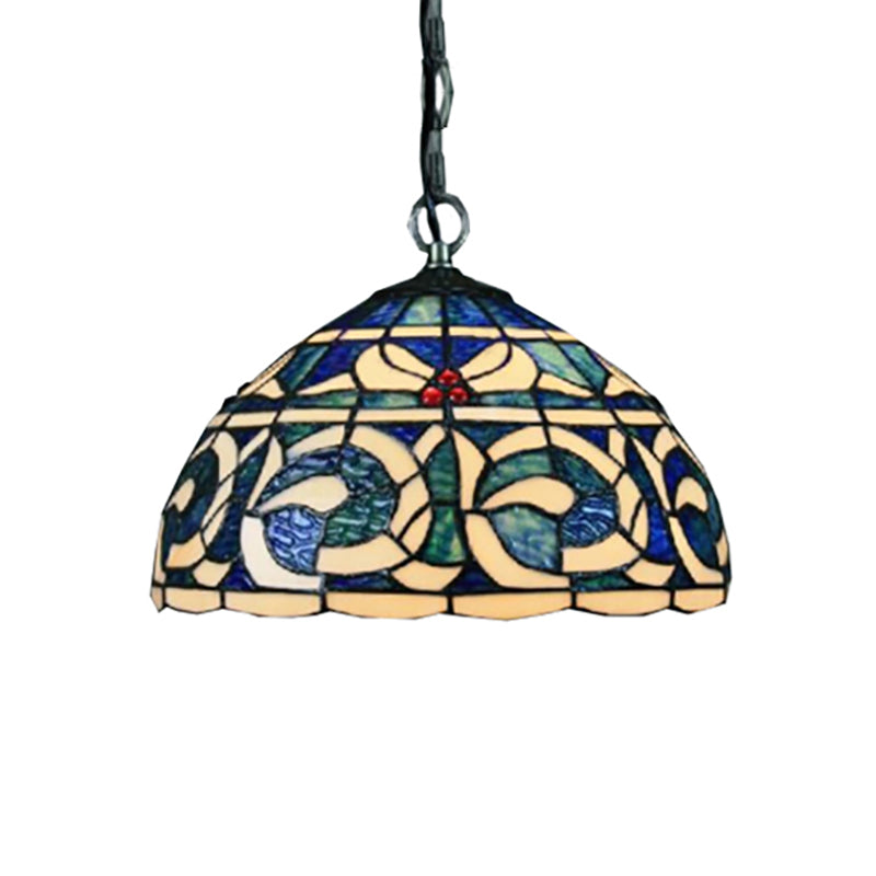 Stained Glass Domed Glass Suspension Light Retro Loft Tiffany Hanging Light in Blue for Restaurant Clearhalo 'Ceiling Lights' 'Industrial' 'Middle Century Pendants' 'Pendant Lights' 'Pendants' 'Tiffany close to ceiling' 'Tiffany Pendants' 'Tiffany' Lighting' 179418