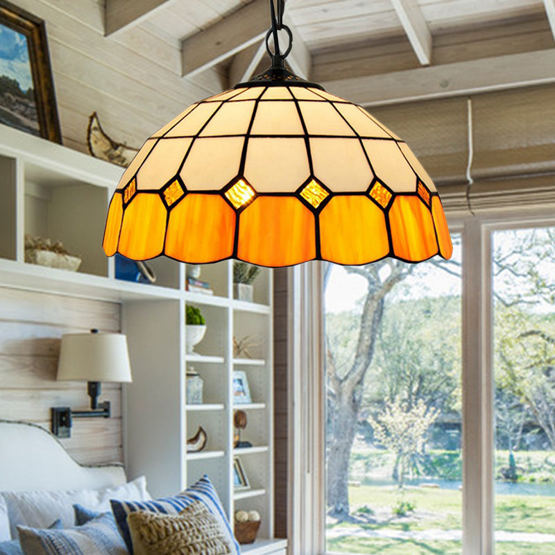 Tiffany-Style Bowl Pendant Light Fixture Single Head Stained Art Glass Down Lighting in Yellow for Living Room Yellow Clearhalo 'Ceiling Lights' 'Industrial' 'Middle Century Pendants' 'Pendant Lights' 'Pendants' 'Tiffany close to ceiling' 'Tiffany Pendants' 'Tiffany' Lighting' 179425