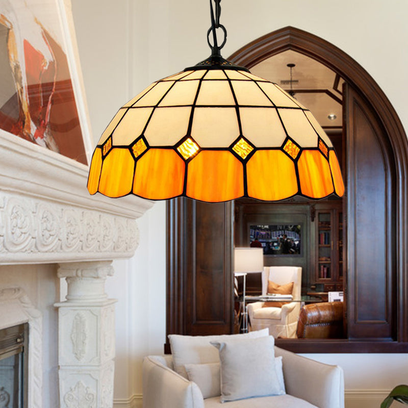 Tiffany-Style Bowl Pendant Light Fixture Single Head Stained Art Glass Down Lighting in Yellow for Living Room Clearhalo 'Ceiling Lights' 'Industrial' 'Middle Century Pendants' 'Pendant Lights' 'Pendants' 'Tiffany close to ceiling' 'Tiffany Pendants' 'Tiffany' Lighting' 179426